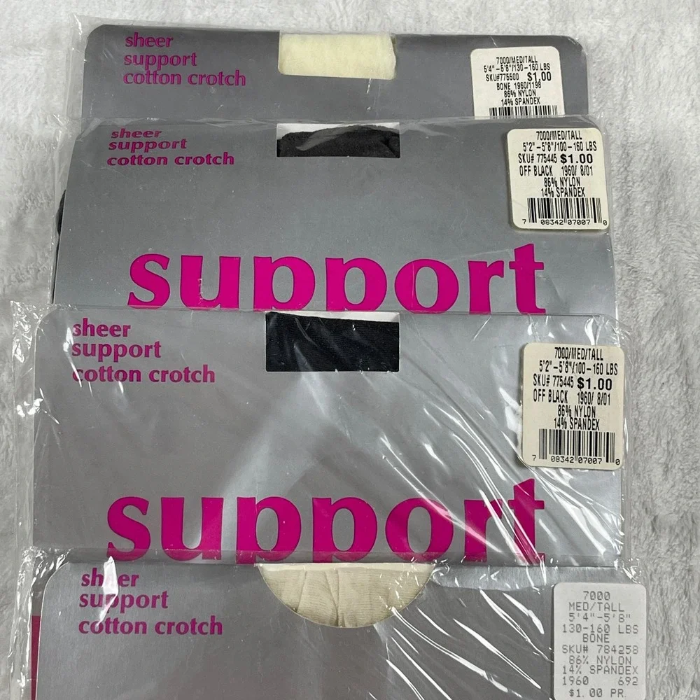 Lot of 4 Vintage Sheer Support Pantyhose Med/Tall Off Black Bone Cotton Crotch
